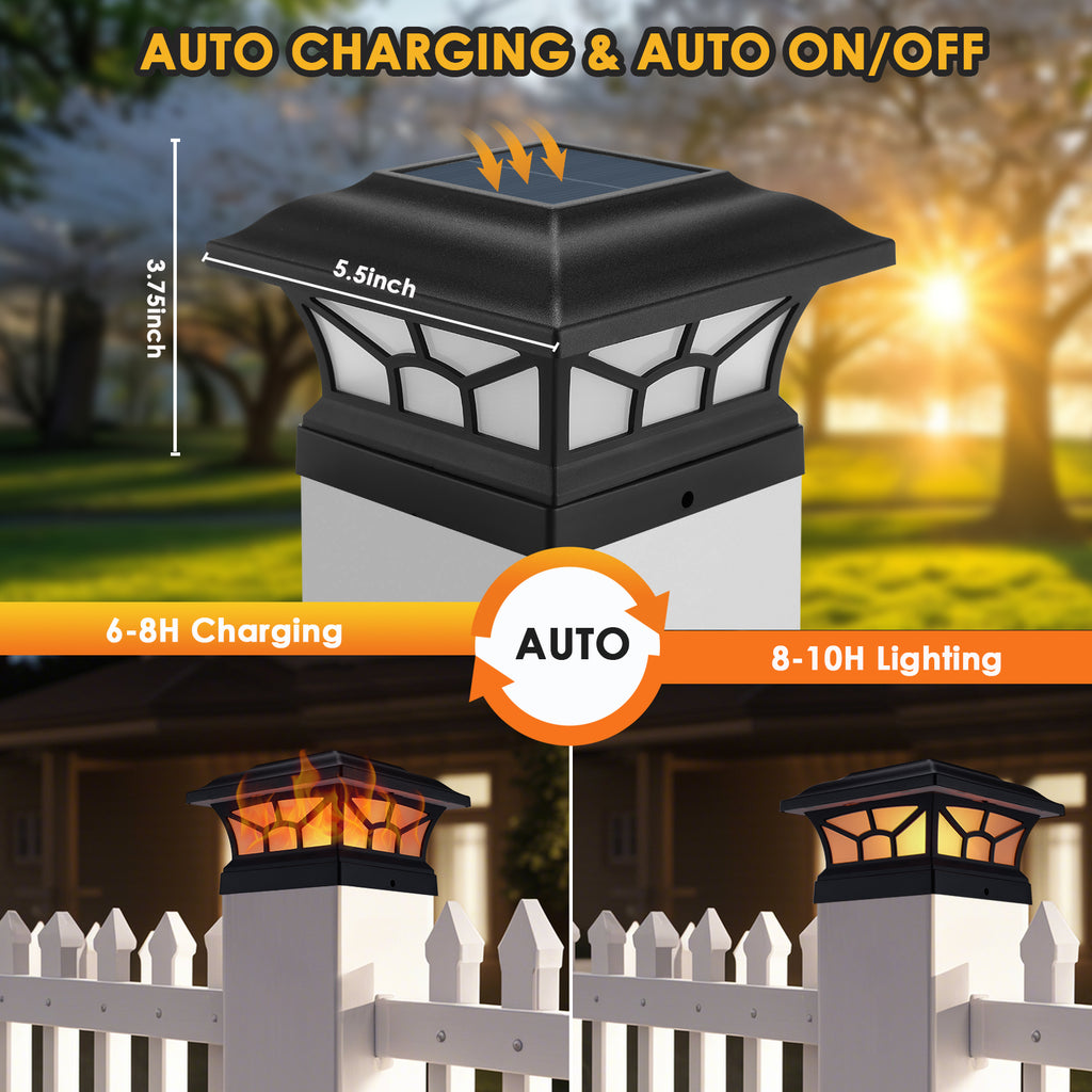 Solar Post Cap Lights Outdoor Flickering Flame & Warm White, Fits 4x4 5x5 6x6 Wooden or Vinyl Posts, Waterproof Solar Fence Deck Lights for Yard Garden Patio Decoration.