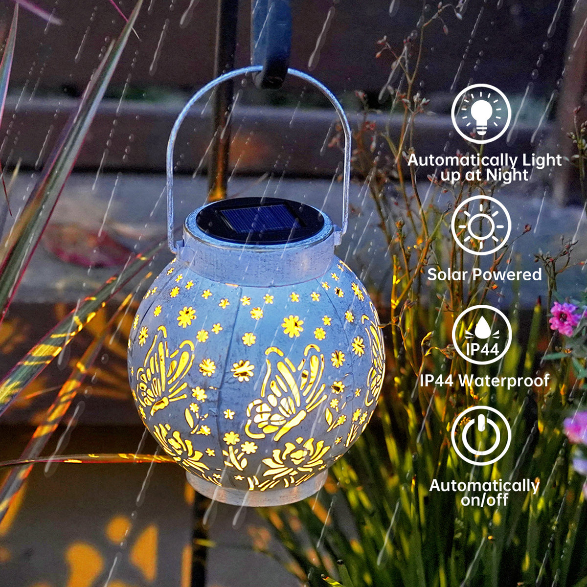 Set of 2 Solar Hanging Lantern Lights Outdoor Waterproof Metal Decorative for Garden Patio Yard Lawn and Tabletop Decorations. Unique Gifts for Women Mum Butterfly Lovers.