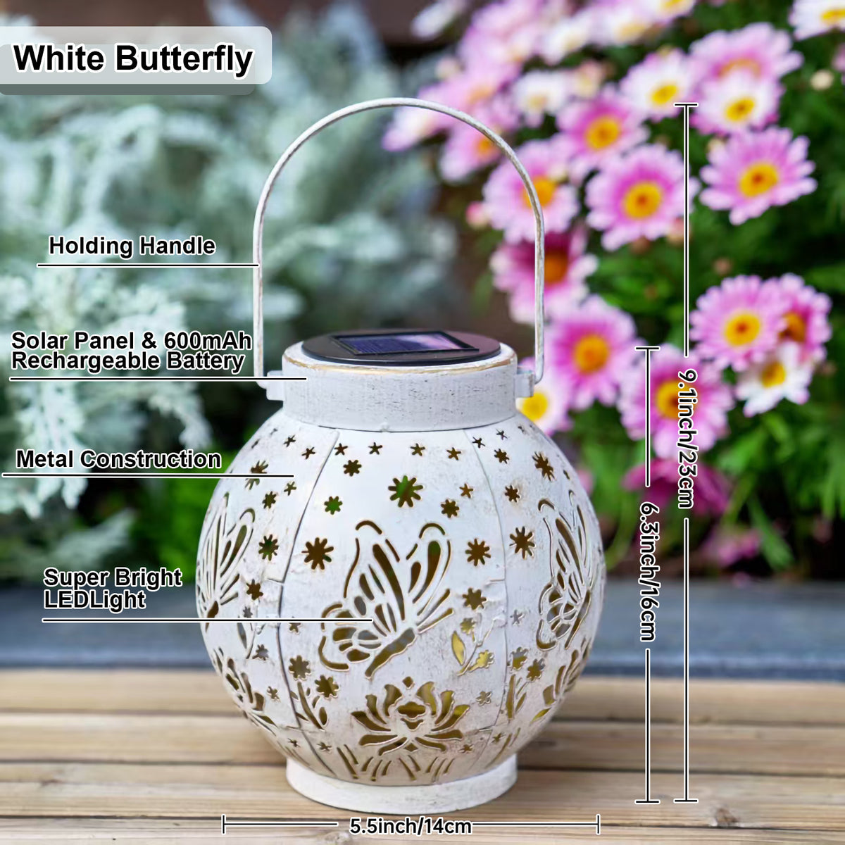 Set of 2 Solar Hanging Lantern Lights Outdoor Waterproof Metal Decorative for Garden Patio Yard Lawn and Tabletop Decorations. Unique Gifts for Women Mum Butterfly Lovers.
