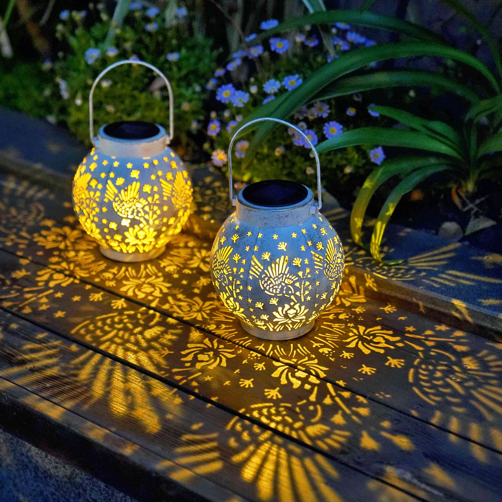Set of 2 Solar Hanging Lantern Lights Outdoor Waterproof Metal Decorative for Garden Patio Yard Lawn and Tabletop Decorations. Unique Gifts for Women Mum Hummingbird Lovers.