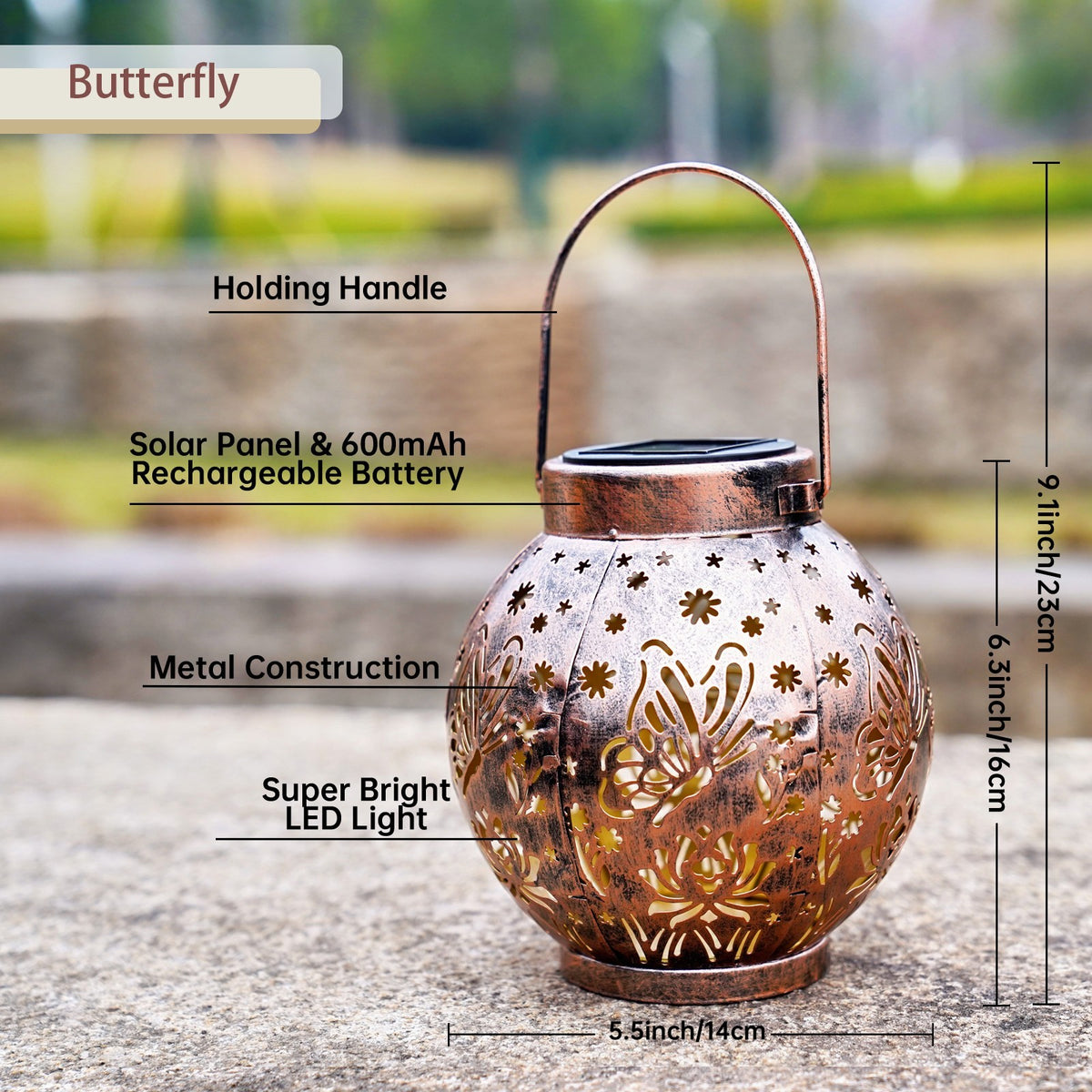 Set of 2 Solar Hanging Lantern Lights Outdoor Waterproof Metal Decorative for Garden Patio Yard Lawn and Tabletop Decorations. Unique Gifts for Women Mum Butterfly Lovers.