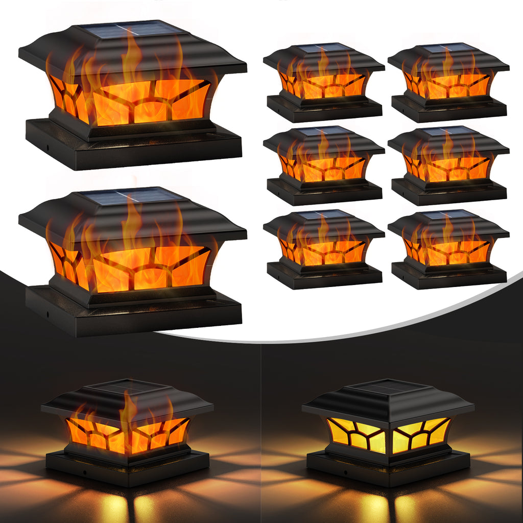 Solar Post Cap Lights Outdoor Flickering Flame & Warm White, Fits 4x4 5x5 6x6 Wooden or Vinyl Posts, Waterproof Solar Fence Deck Lights for Yard Garden Patio Decoration.