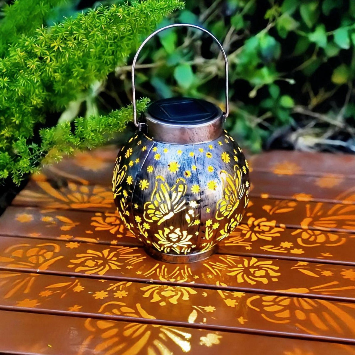 Set of 2 Solar Hanging Lantern Lights Outdoor Waterproof Metal Decorative for Garden Patio Yard Lawn and Tabletop Decorations. Unique Gifts for Women Mum Butterfly Lovers.